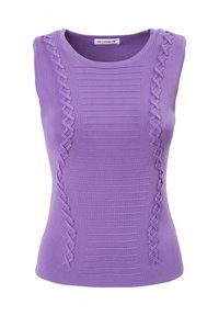 Top senza maniche di colore viola con texture a coste e dettagli in tessuto intrecciato sui lati. Tessuto liscio con un design aderente e scollatura rotonda.