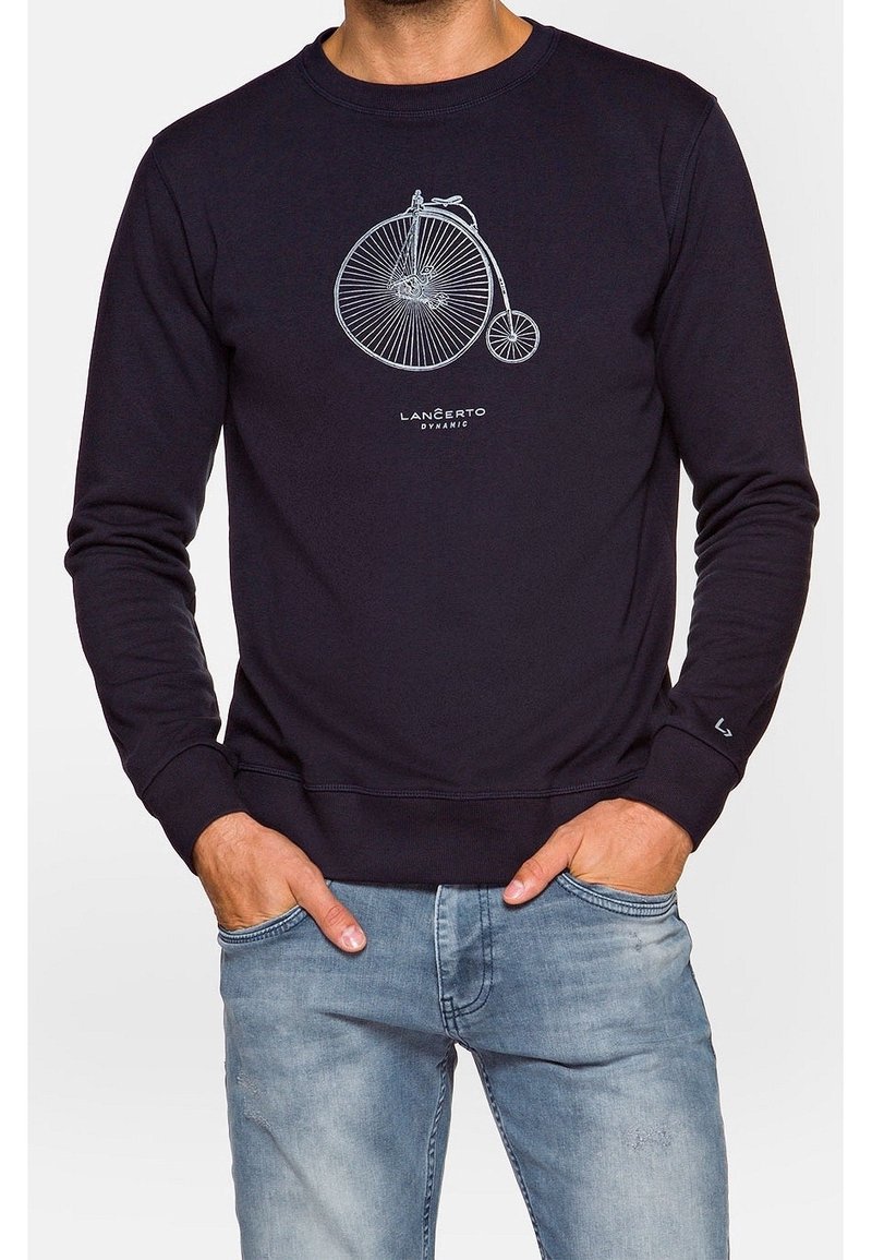 Sweatshirt marine en coton avec un col rond, comportant un graphique de bicyclette blanche et un logo imprimé sur le devant, des poignets et un ourlet côtelés.