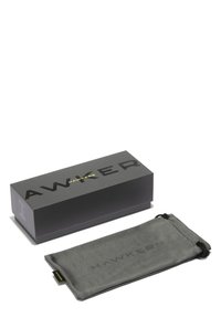 Black rectangular Hawkers branded box and gray soft drawstring pouch on white background.