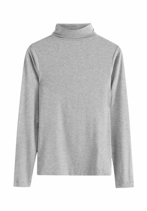 Grijze coltrui met lange mouwen, gemaakt van een zachte, rekbare stof. Heeft een aansluitende hals en een rechte, ontspannen pasvorm zonder patronen.