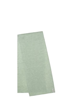 Light green knitted scarf folded with a small white label showing brand name at the bottom edge.