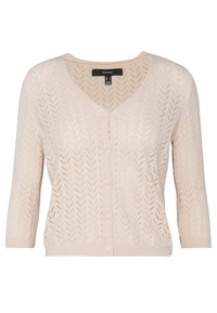 Ljust beige stickad cardigan med V-ringning, trekvartsärmar och ett zickzackmönster. Har knäppning fram och en lätt, luftigt textur.