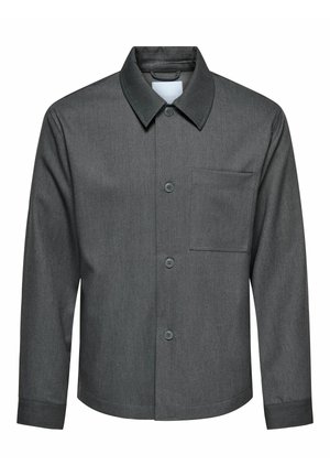 Gray button-up shirt, tailored design, long sleeves, chest pocket, smooth texture, made from woven fabric with subtle sheen.