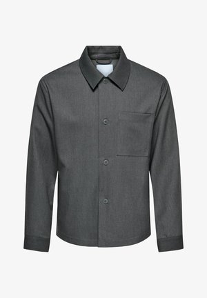 Camicia grigia con bottoni, design su misura, maniche lunghe, taschino sul petto, tessuto liscio, realizzata in tessuto intrecciato con una leggera lucentezza.