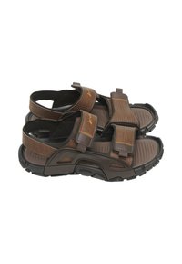 Infradito marroni realizzati in materiali sintetici, con strap regolabili, soletta testurizzata e suole in gomma nera con motivo antiscivolo.