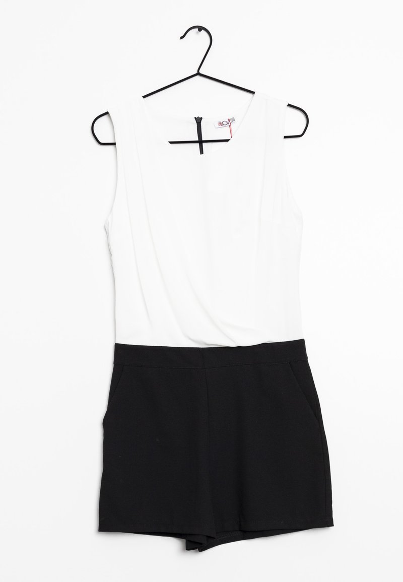 Czarny i biały kombinezon z bezrękawym topem i krótkimi spodniami. Materiał wydaje się gładki, z zapięciem na zamek z tyłu. Dwie boczne kieszenie.