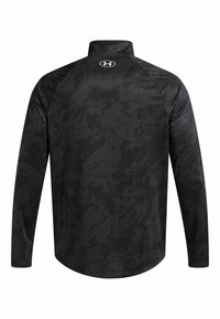 Zwarte langesleeve shirt, gemaakt van zachte, lichte stof. Heeft een subtiel camouflagepatroon en een kwart-rits kraag. Logo dicht bij de hals.