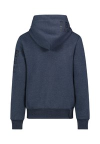 Marineblauwe hoodie met een trekkoordkap, ribgebreide boorden en zoom. Voorzien van zwarte bedrukte tekst op de linkermouw en achterkant. Zachte stofstructuur.