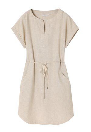 Bež haljina s kratkim rukavima, izrađena od teksturirane tkanine, s v-izrezom, dva džepa i strukom na vezanje sa srebrnim metalnim detaljima.