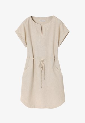 Beiges kurzärmliges Kleid aus strukturiertem Stoff, mit V-Ausschnitt, zwei Taschen und einem Tunnelzugbund mit silbernen Metallspitzen.