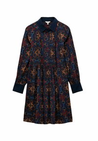 Tumedat sinine kleit kraega, pikad varrukad ja elastne vöökoht. Omab geomeetrilist mustrit punases ja kuldses toonis. Valmistatud pehmest kangast.