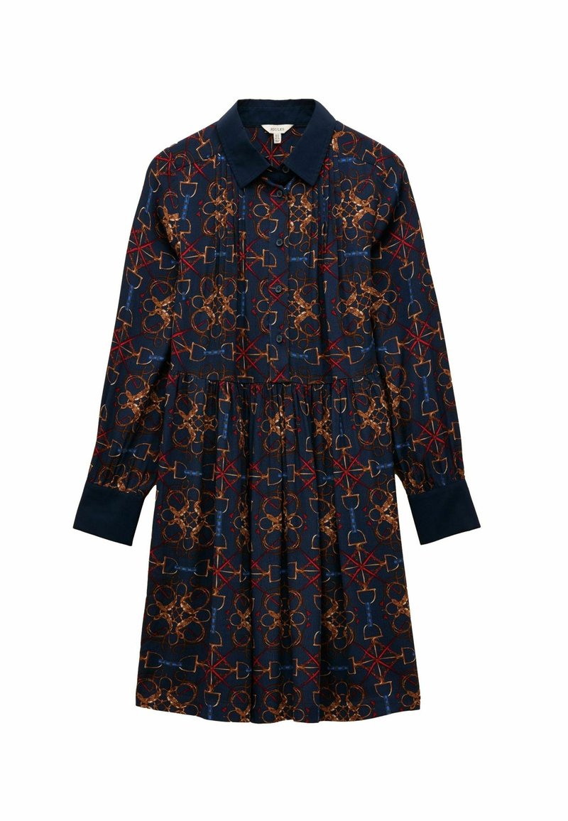 Tumedat sinine kleit kraega, pikad varrukad ja elastne vöökoht. Omab geomeetrilist mustrit punases ja kuldses toonis. Valmistatud pehmest kangast.