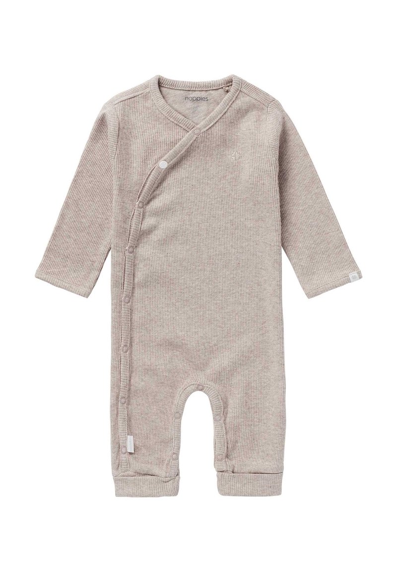 Långärmad bodysuit i ljusgrå ribbad tyg, med en omslagdesign, tryckknappar längs ena sidan och ben utan fötter för enkel påklädning.