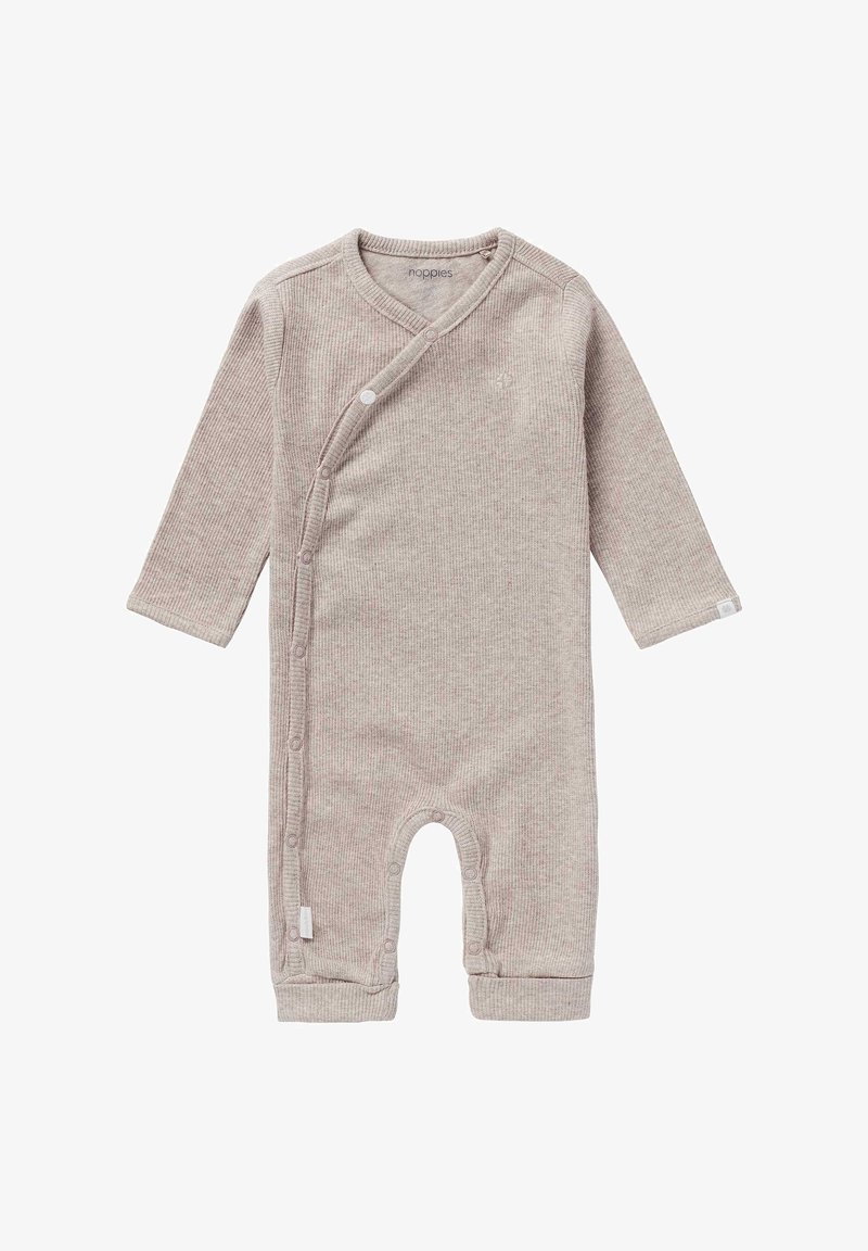 Combinaison à manches longues en tissu ribbé gris clair, présentant un design enveloppant, des boutons-pression le long d'un côté et des jambes sans pieds pour un habillage facile.