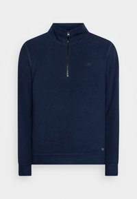 Pullover in fleece navy con colletto a mezza zip, polsini a coste e un sottile dettaglio del logo sul petto. Tessuto morbido e design classico.
