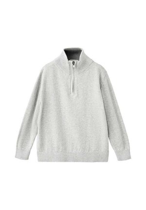 Pull en maille gris clair avec un col montant, une demi-fermeture à glissière, des poignets côtelés et une coupe décontractée, fabriqué en matériau en maille douce.