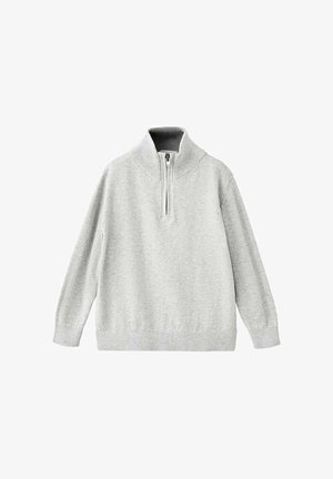 Pullover grigio chiaro con colletto alto, mezza zip, polsini a coste e vestibilità rilassata, realizzato in morbido tessuto a maglia.