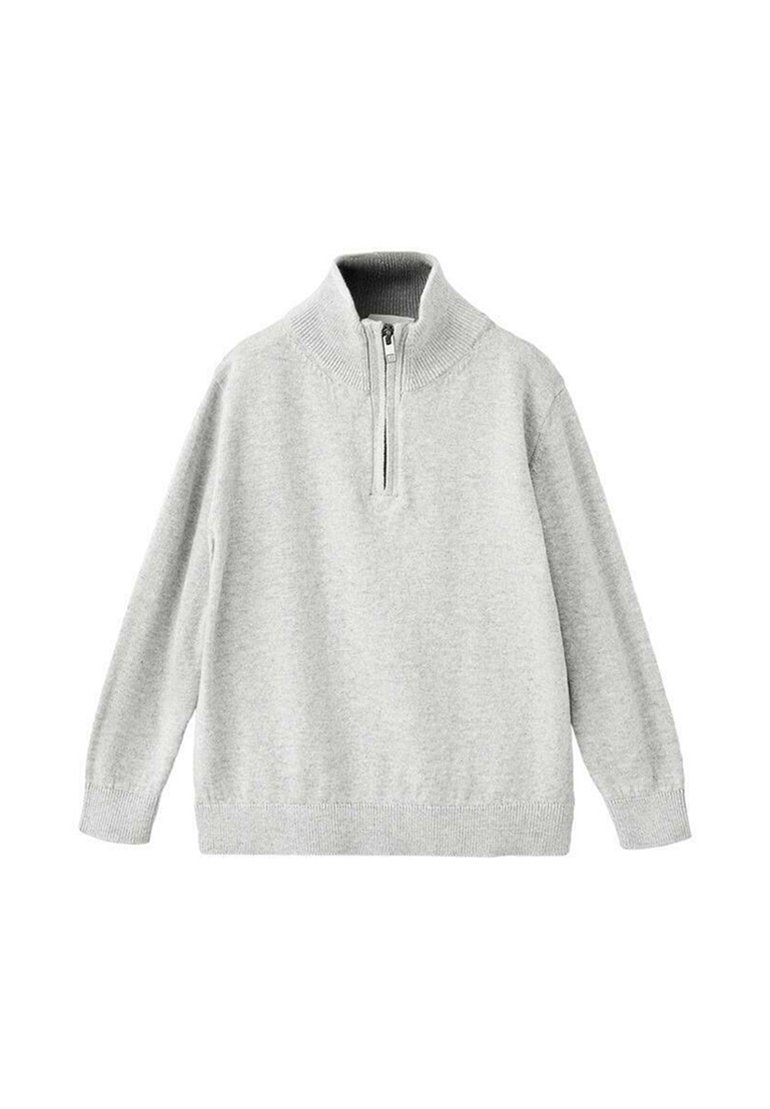 Hellgrauer Pullover mit hohem Kragen, halbem Reißverschluss, gerippten Bündchen und lockerer Passform, aus weichem Strickmaterial gefertigt.