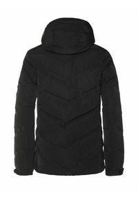 Giacca a vento nera con cappuccio, con un design a rombi trapuntato, polsini elastici e una finitura liscia e opaca.