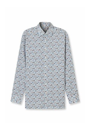 Langarmhemd in Hellblau mit floralem Muster in Blau-, Braun- und Cremetönen; Hemdkragen mit Knöpfen und Knopfleiste.