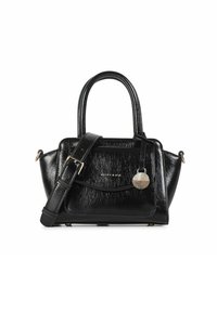 Borsa a tracolla nera in pelle con finitura testurizzata, doppi manici, tracolla staccabile, tasca frontale e dettaglio con logo metallici.