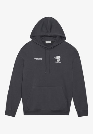 Dark gray hoodie made of soft cotton. Features a front pocket, drawstring hood, and white graphic text and logo on the chest.