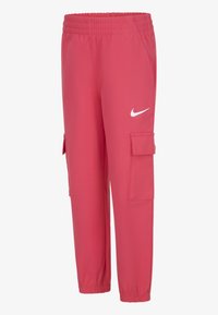 Rosa Nike cargo bukser har elastisk liv, sidelommer og et slankt design. Stof er glat med en let glans.