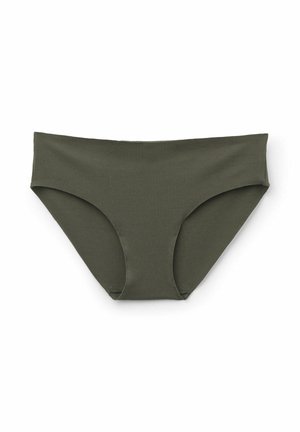 Culotte de bikini vert olive avec une texture lisse, une coupe taille mi-haute et une couverture complète. Conception simple et sans coutures, sans ornements.