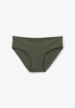 Culotte de bikini vert olive avec une texture lisse, une coupe taille mi-haute et une couverture complète. Conception simple et sans coutures, sans ornements.