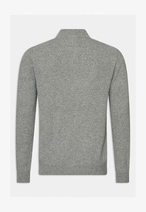 Maglione grigio a maglia, maniche lunghe, colletto alto, texture liscia, senza motivi, design semplice, polsini e orlo a coste.