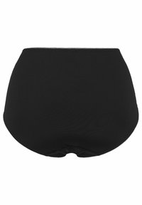 Zwarte naadloze hoge taille damesondergoed met een gekartelde elastische tailleband, plat weergegeven tegen een witte achtergrond.