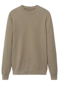 Beżowy sweter dzianinowy z okrągłym dekoltem, długimi rękawami oraz ściągaczami przy rękawach i u dołu. Teksturowana tkanina o prostym, jednolitym wzorze.