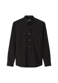 Zwarte lange mouwen knoopshirt met kraag, zeven knopen en Marc O'Polo label aan de binnenkant van de kraag tegen een witte achtergrond.