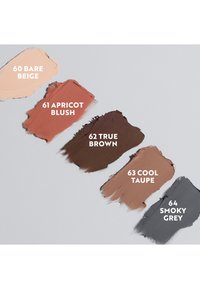 Five swatches of creamy makeup in shades: Bare Beige, Apricot Blush, True Brown, Cool Taupe, Smoky Grey. Each labeled with shade number.