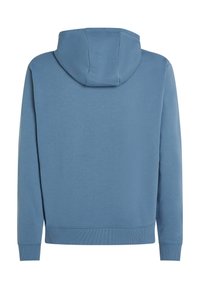 Blue sweatshirt with a hood, long sleeves, ribbed cuffs, and hem. Smooth texture, no visible patterns or hardware details.