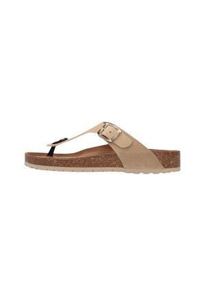 Beige thongsandal med korkindlæg, justerbar spænde og tekstureret sål set fra siden på en hvid baggrund.