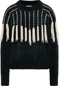Schwarzer Strickpullover mit cremefarbenen Fransen am Saum und an der Schulter. Verfügt über einen Rundhalsausschnitt und einen strukturierten Stoff mit lockerer Passform.