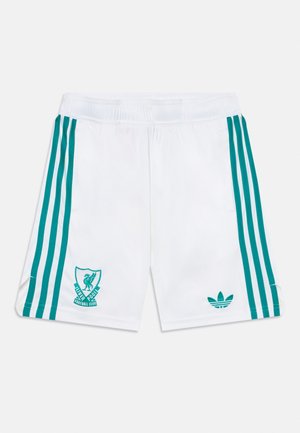 Pantaloni corti da calcio bianchi in tessuto testurizzato, con strisce laterali color turchese, logo ricamato e stemma sulla gamba sinistra, e cintura elastica.