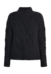 Mørkegrå kabelstrikket sweater med høj hals, lange ærmer og et struktureret mønster. Har ribbede manchetter og kant for ekstra struktur.