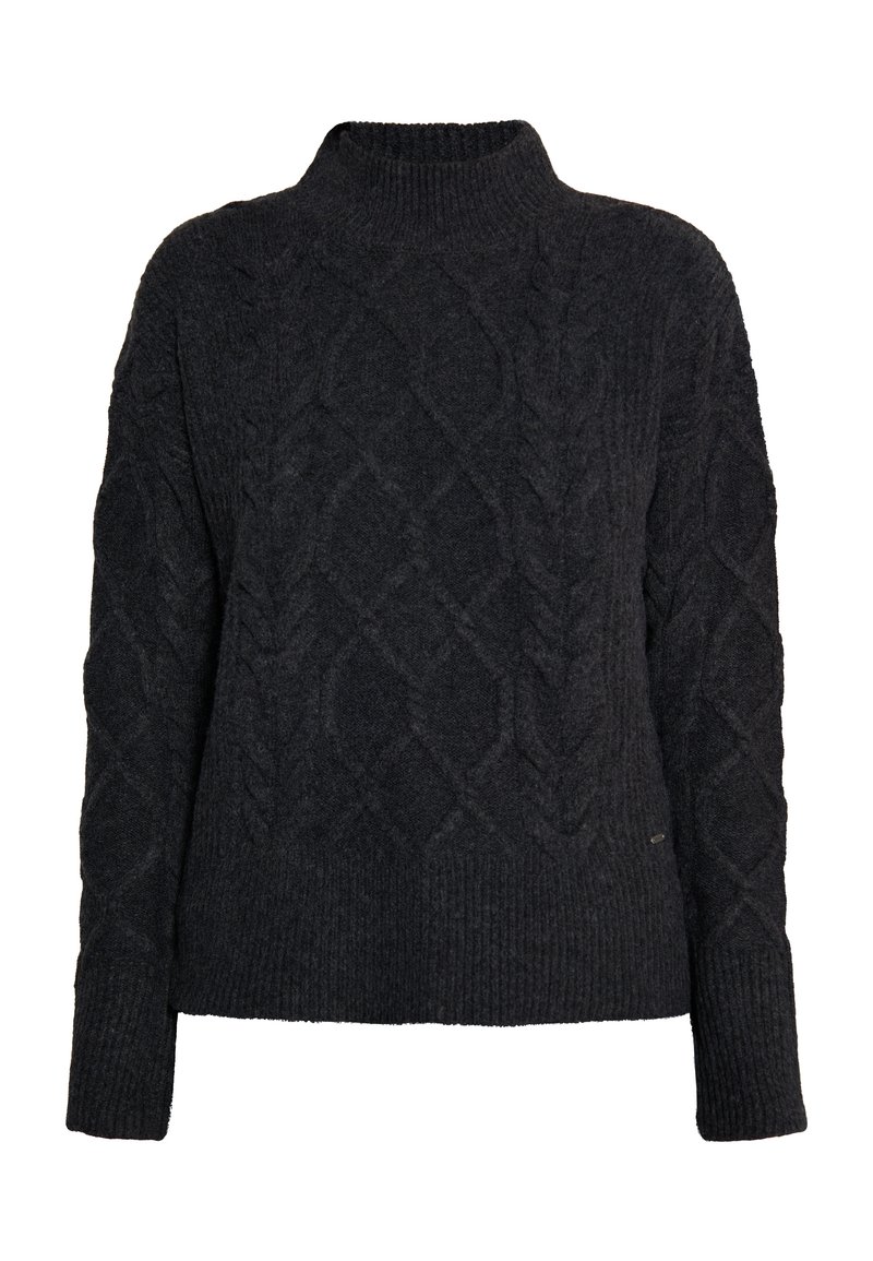 Dunkelgrauer Kabelstrickpullover mit hohem Kragen, langen Ärmeln und einem strukturierten Muster. Mit gerippten Bündchen und Saum für eine klare Form.