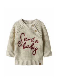 Maglione a maglia crema con la scritta "Santa baby" in corsivo bordeaux. Collo e polsini ribbed, con due bottoni in legno sulla spalla.