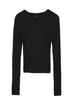 Pull en maille côtelée noir avec des manches longues et un col rond. Des fils métalliques subtils rehaussent la texture. Coupe régulière.