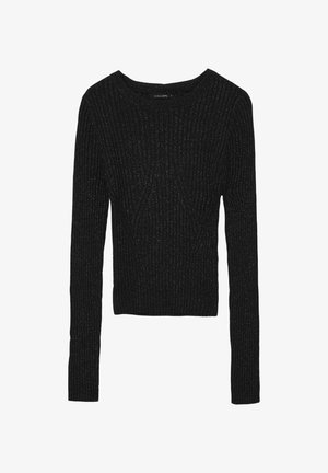 Pull en maille côtelée noir avec des manches longues et un col rond. Des fils métalliques subtils rehaussent la texture. Coupe régulière.