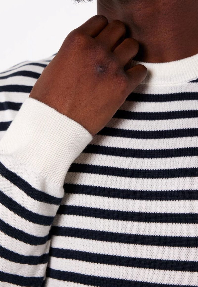 Pull rayé avec des rayures horizontales bleu marine et blanches, col et poignets côtelés, texture tricotée et coupe ajustée.