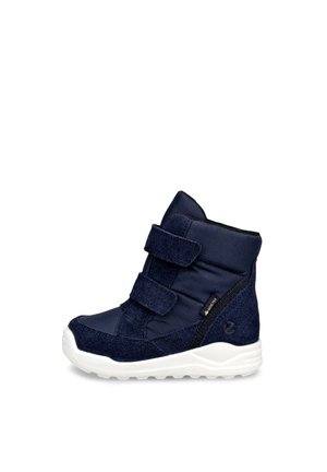 Kinder Winterstiefel in Marineblau mit zwei Klettverschlüssen, weißer Sohle und Gore-Tex-Etikett für wasserdichten Schutz, Seitenansicht.