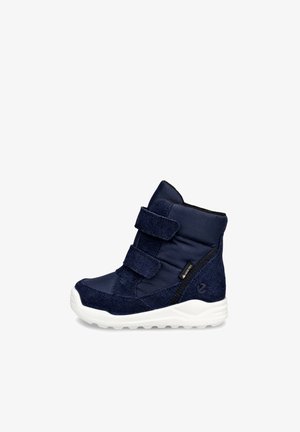 Kinder Winterstiefel in Marineblau mit zwei Klettverschlüssen, weißer Sohle und Gore-Tex-Etikett für wasserdichten Schutz, Seitenansicht.