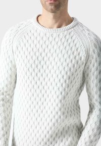 Witte gebreide trui met een gestructureerd, verhoogd patroon, een ribbelkraag en raglan mouwen.