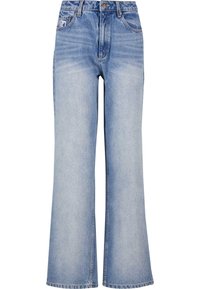 Jeanși largi din denim albastru deschis, cu talie înaltă, închidere cu buton, ușor decolorate și cu un design clasic cu cinci buzunare.