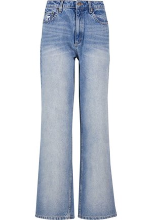 Jeanși largi din denim albastru deschis, cu talie înaltă, închidere cu buton, ușor decolorate și cu un design clasic cu cinci buzunare.