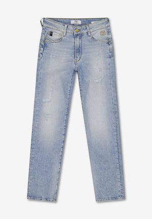 Lichtblauwe slim-fit jeans met lichte slijtage, vijf zakken, knopen- en ritsluiting en een merklabel op de tailleband.